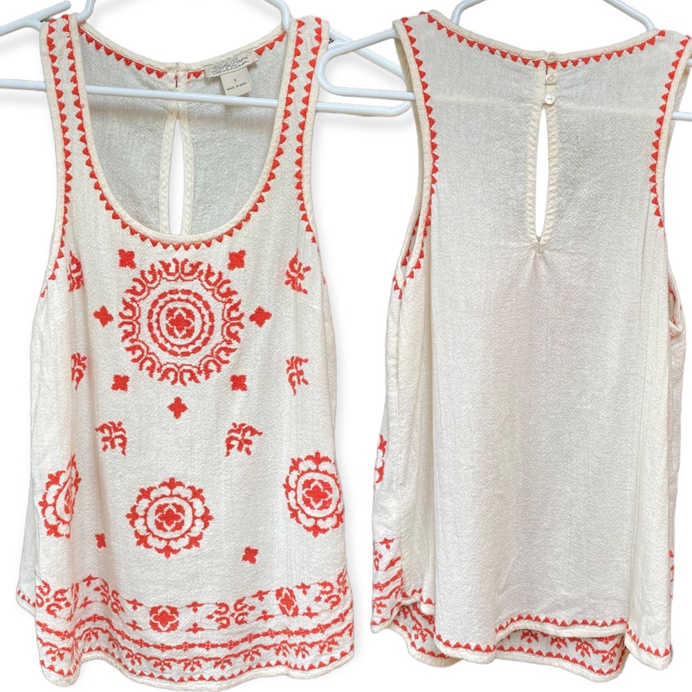 Lucky Brand Ivory & Orange Embroidered Sleeveles Tank Top sz S Like New
